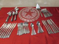 UNUSED & PRETTY GLASS CAKE PLATE,  STAINLESS FLATWARE SERVICE FOR 12 