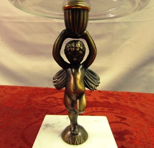 LOVELY VINTAGE BRASS CHERUB PEDESTAL CANDY DISH WITH ITALIAN MARBLE BASE & BRASS TOP