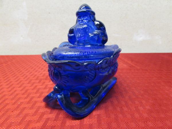 VINTAGE COBALT BLUE SANTA A SLEIGH TRINKET DISH