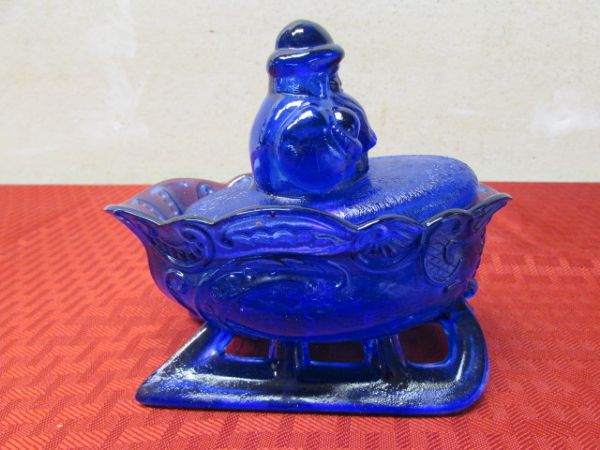 VINTAGE COBALT BLUE SANTA A SLEIGH TRINKET DISH