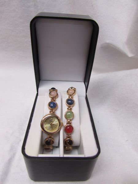 GORGEOUS VIVANI LADIES WATCH & BRACELET SET  WITH SEMI PRECIOUS GEMSTONES (NIB)