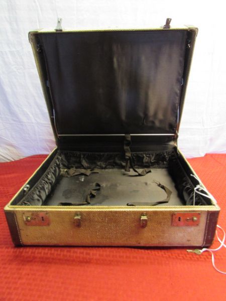 VINTAGE SUITCASE WITH LEATHER EDGE TRIM & KEY - MAKE AN END TABLE!