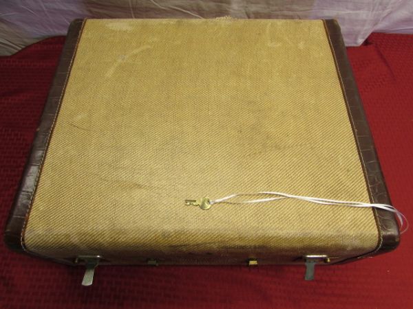 VINTAGE SUITCASE WITH LEATHER EDGE TRIM & KEY - MAKE AN END TABLE!