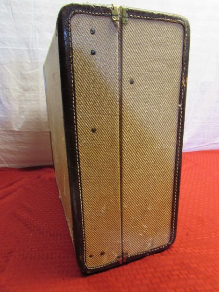 VINTAGE SUITCASE WITH LEATHER EDGE TRIM & KEY - MAKE AN END TABLE!