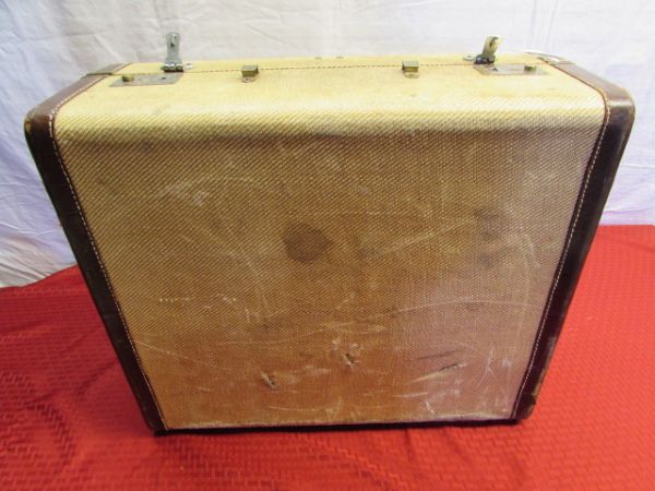 VINTAGE SUITCASE WITH LEATHER EDGE TRIM & KEY - MAKE AN END TABLE!