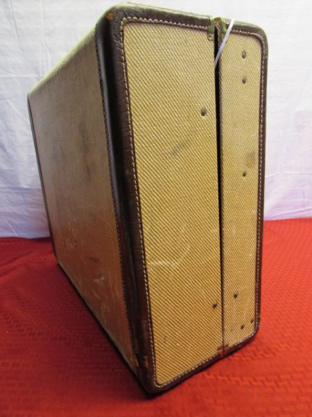 VINTAGE SUITCASE WITH LEATHER EDGE TRIM & KEY - MAKE AN END TABLE!