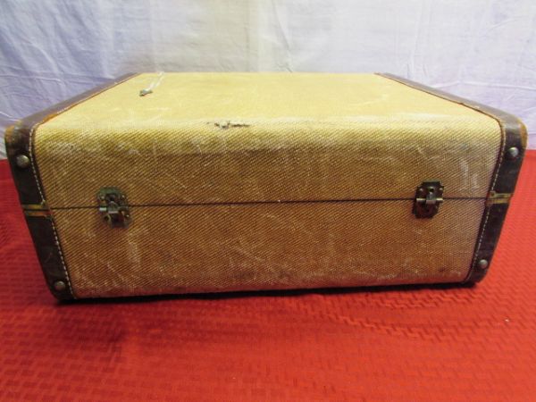 VINTAGE SUITCASE WITH LEATHER EDGE TRIM & KEY - MAKE AN END TABLE!