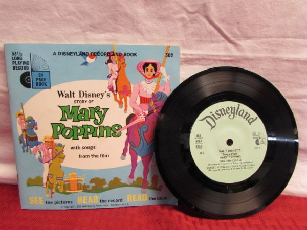 COLLECTIBLE VINTAGE DISNEYLAND RECORD & BOOKS (3) & GENERAL ELECTRIC PORTABLE RECORD PLAYER