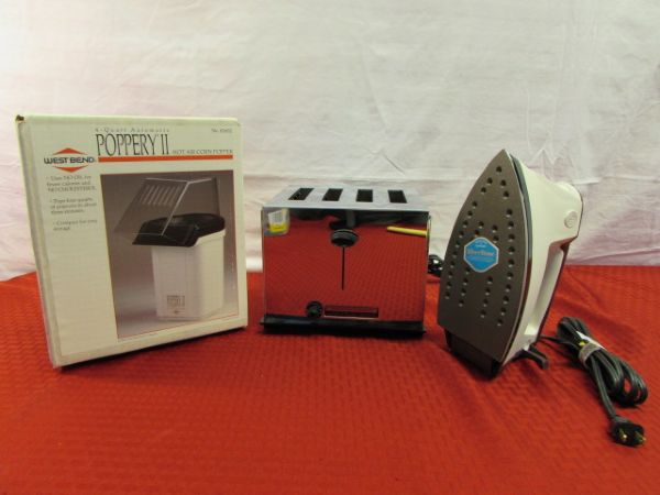 NIB POPPER II CORN POPPER, MANNING BOWMAN TOASTER & HAMILTON BEACH IRON