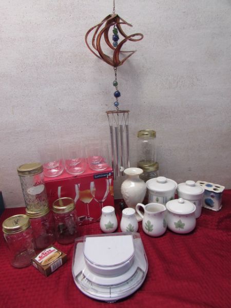 LENOX VASE, KERR JARS & LIDS, STONEWARE SALT & PEPPER SET, COPPER & GLASS WINDCHINE & LOTS MORE.