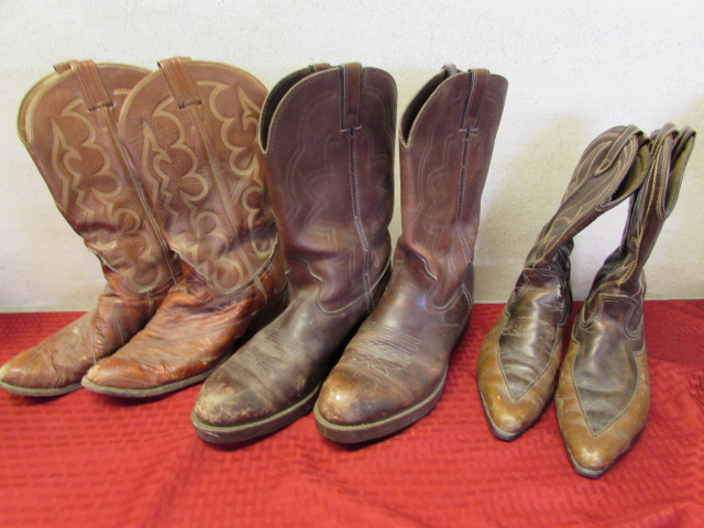 Lot Detail - THREE PAIR OF WELL WORN VINTAGE LEATHER COWBOY BOOTS