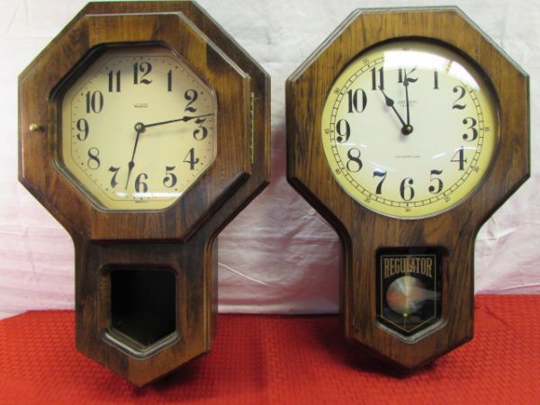 TWO VINTAGE WOOD VERICHRON SCHOOLHOUSE WALL CLOCKS 