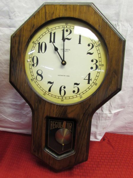 TWO VINTAGE WOOD VERICHRON SCHOOLHOUSE WALL CLOCKS 