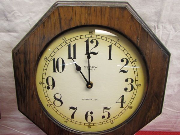 TWO VINTAGE WOOD VERICHRON SCHOOLHOUSE WALL CLOCKS 