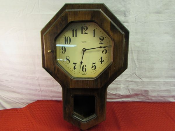 TWO VINTAGE WOOD VERICHRON SCHOOLHOUSE WALL CLOCKS 