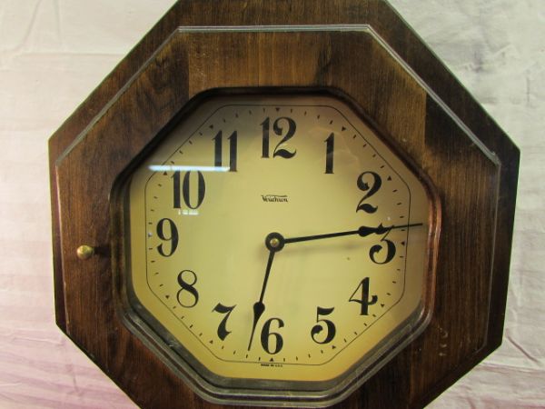 TWO VINTAGE WOOD VERICHRON SCHOOLHOUSE WALL CLOCKS 