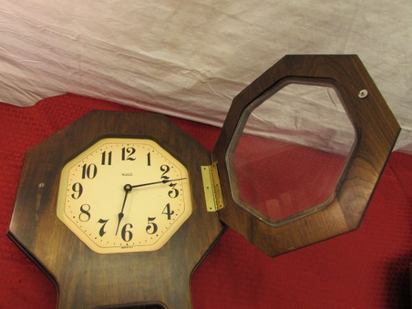 TWO VINTAGE WOOD VERICHRON SCHOOLHOUSE WALL CLOCKS 