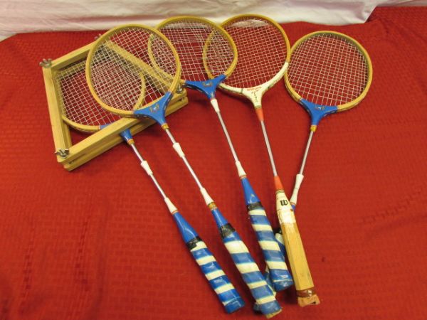 FIVE VINTAGE WOODEN BADMINTON RACKETS WITH BIRDIES