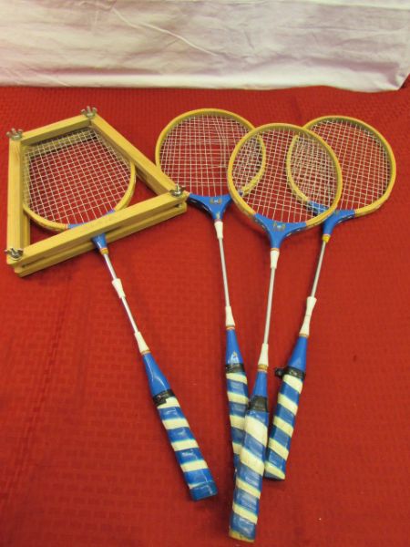 FIVE VINTAGE WOODEN BADMINTON RACKETS WITH BIRDIES