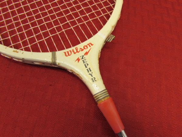 FIVE VINTAGE WOODEN BADMINTON RACKETS WITH BIRDIES