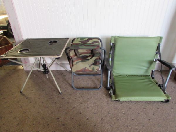 FOLDING HUNTING STOOL FOLDING CHAIR AND SMALL FOLDING CAMP TABLE