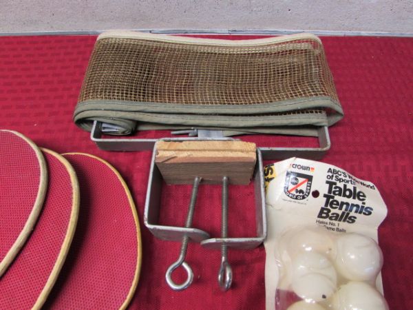 VINTAGE PING PONG SET WITH WOODEN PADDLES, 3 NETS & BALLS