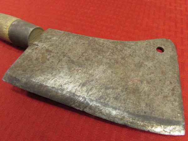 VINTAGE/ANTIQUE CLEAVER WITH CARVED WOOD HANDLE