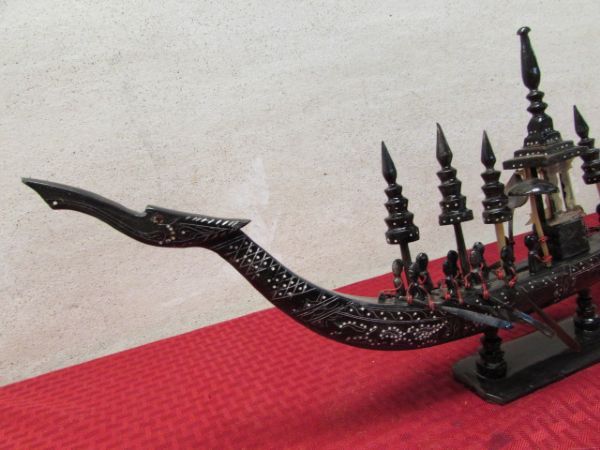 CIRCA 1950'S BLACK HORN HAND CARVED CHINESE DRAGON BOAT