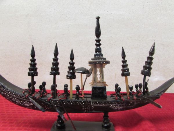 CIRCA 1950'S BLACK HORN HAND CARVED CHINESE DRAGON BOAT