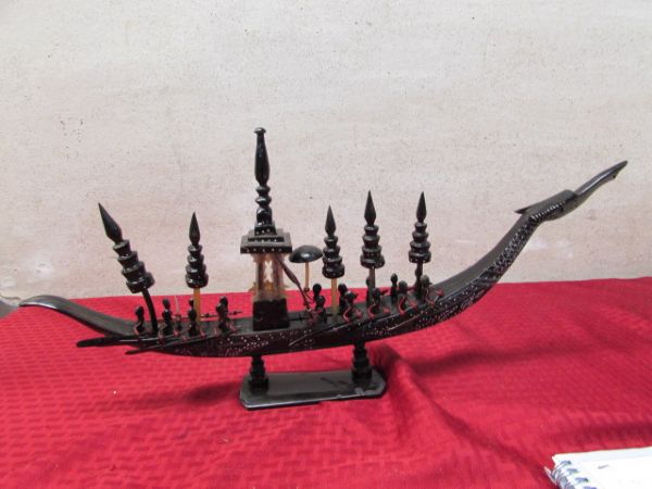 CIRCA 1950'S BLACK HORN HAND CARVED CHINESE DRAGON BOAT