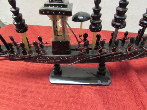 CIRCA 1950'S BLACK HORN HAND CARVED CHINESE DRAGON BOAT