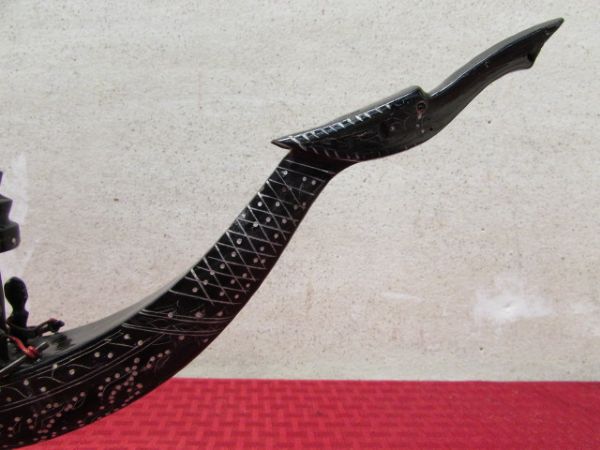 CIRCA 1950'S BLACK HORN HAND CARVED CHINESE DRAGON BOAT