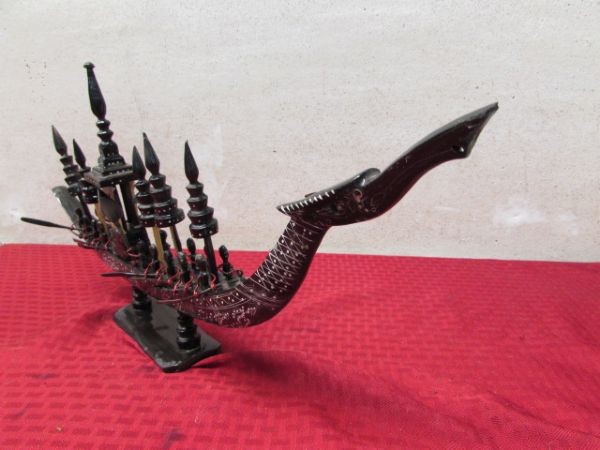 CIRCA 1950'S BLACK HORN HAND CARVED CHINESE DRAGON BOAT