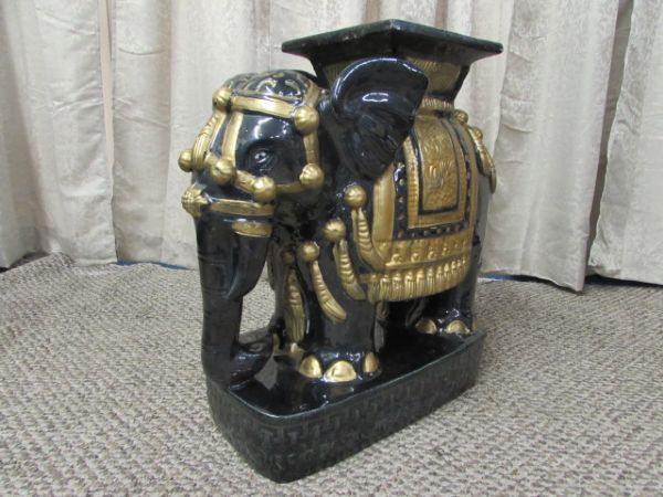 HUGE HOLLYWOOD REGENCY CERAMIC ELEPHANT TABLE/PLANT STAND