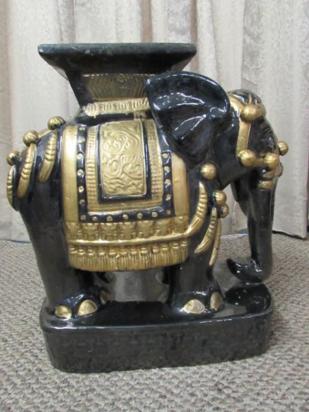 HUGE HOLLYWOOD REGENCY CERAMIC ELEPHANT TABLE/PLANT STAND