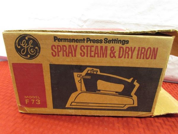 NEVER USED ITEMS! RETRO CHROME GE SPRAY & STEAM IRON, MATCH-A-PATCH & MORE