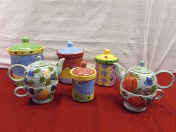 TWO ADORABLE MINI  TEA POT & MUG SETS & CANISTERS - NEVER USED!