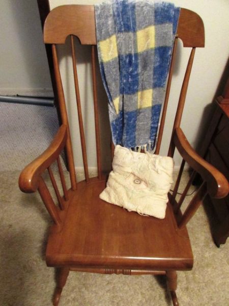 VINTAGE MAPLE ROCKING CHAIR WITH ANTIQUE EMBROIDERED PILLOW & THROW 