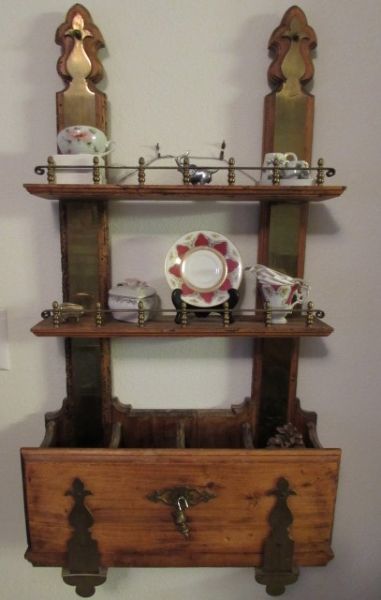 ANTIQUE LOCKING KNICK KNACK SHELF WITH DROP FRONT, BRASS DETAILS