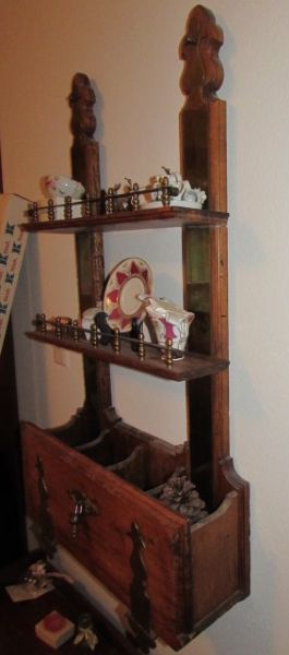 ANTIQUE LOCKING KNICK KNACK SHELF WITH DROP FRONT, BRASS DETAILS