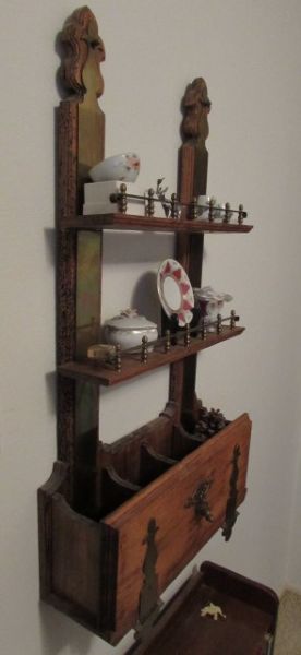 ANTIQUE LOCKING KNICK KNACK SHELF WITH DROP FRONT, BRASS DETAILS