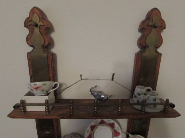 ANTIQUE LOCKING KNICK KNACK SHELF WITH DROP FRONT, BRASS DETAILS