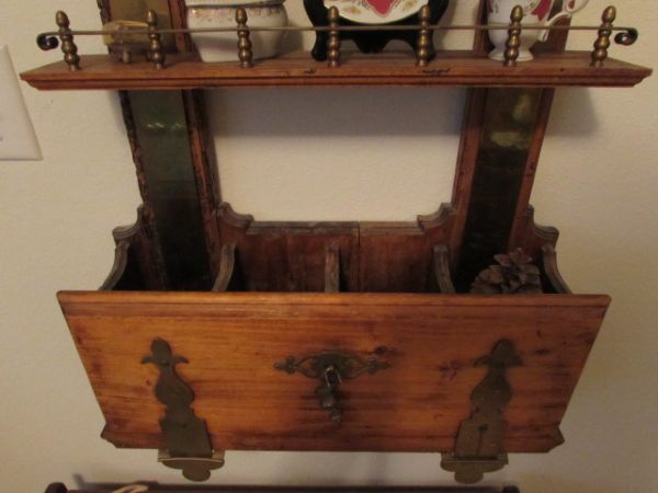 ANTIQUE LOCKING KNICK KNACK SHELF WITH DROP FRONT, BRASS DETAILS