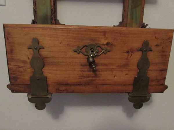 ANTIQUE LOCKING KNICK KNACK SHELF WITH DROP FRONT, BRASS DETAILS