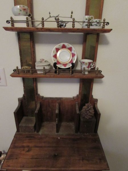 ANTIQUE LOCKING KNICK KNACK SHELF WITH DROP FRONT, BRASS DETAILS