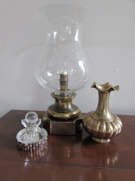 ROMANTIC BRASS & GLASS HURRICANE LAMP, BRASS VASE & MORE