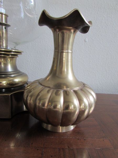 ROMANTIC BRASS & GLASS HURRICANE LAMP, BRASS VASE & MORE