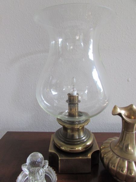 ROMANTIC BRASS & GLASS HURRICANE LAMP, BRASS VASE & MORE