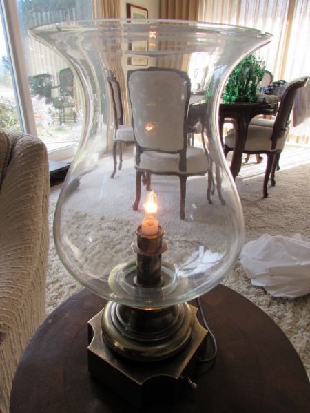 ROMANTIC BRASS & GLASS HURRICANE LAMP, BRASS VASE & MORE