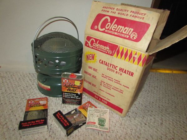 VINTAGE COLEMAN HEATER,  HAND WARMERS & FLUID